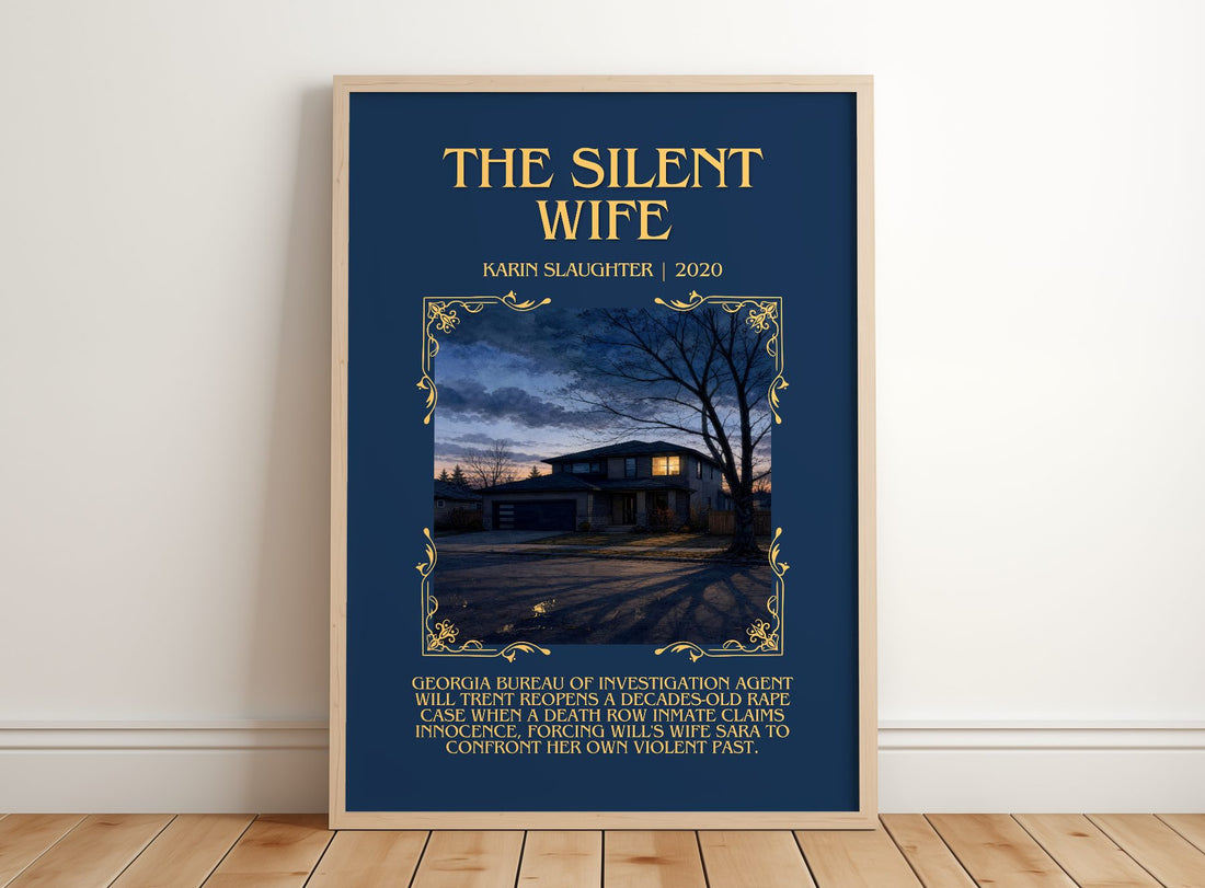 The Silent Wife Minimalist Book Poster by Karin Slaughter – framed print leaning on a wooden floor