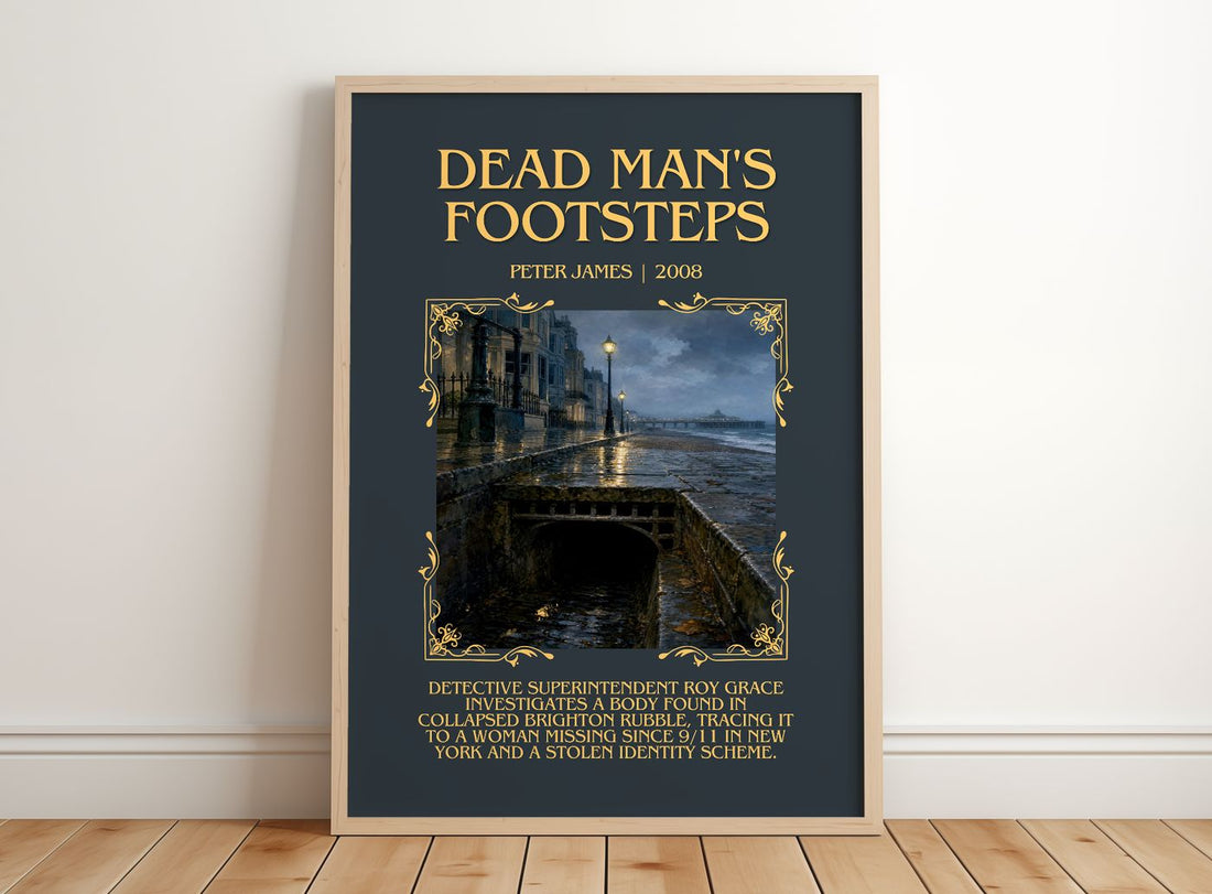 Dead Man's Footsteps Minimalist Book Poster by Peter James – framed print leaning on a wooden floor