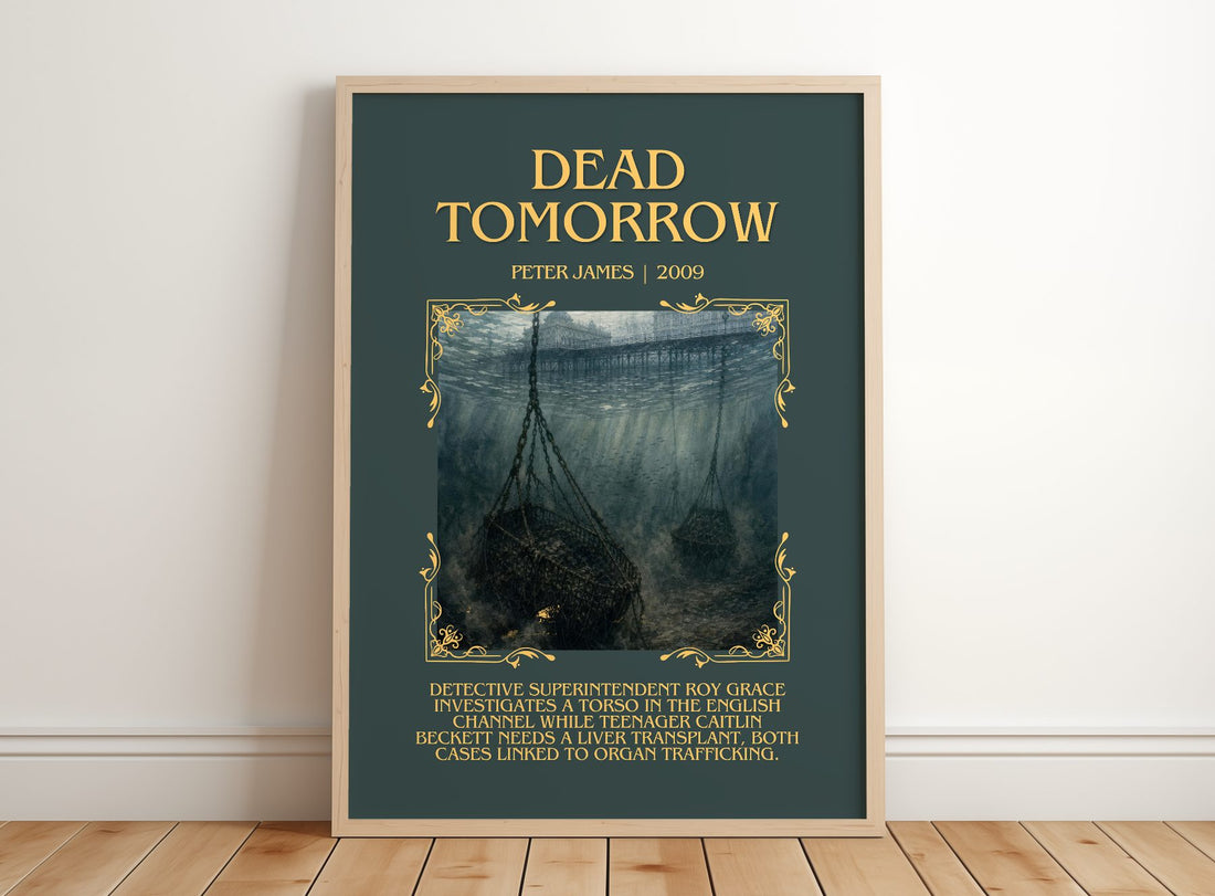 Dead Tomorrow Minimalist Book Poster by Peter James – framed print leaning on a wooden floor