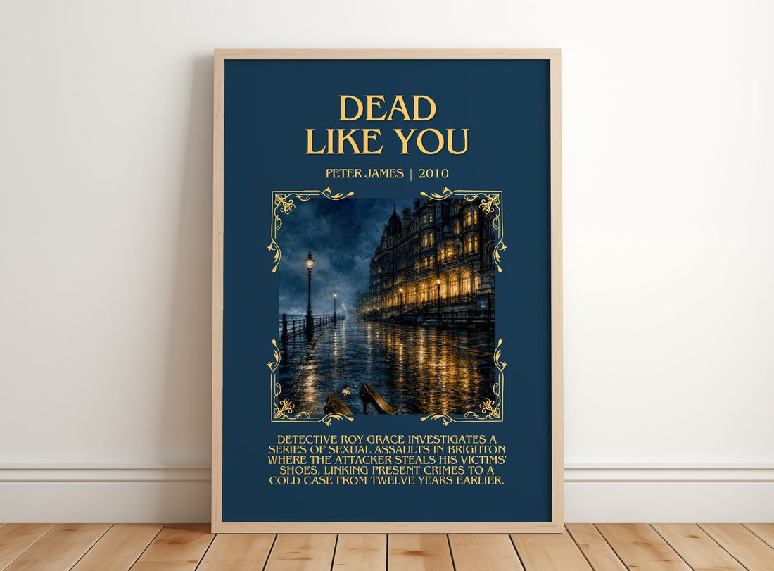 Dead Like You Minimalist Book Poster by Peter James – framed print leaning on a wooden floor