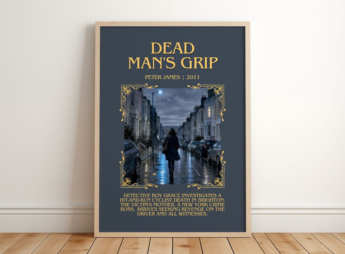 Dead Man's Grip Minimalist Book Poster by Peter James – framed print leaning on a wooden floor