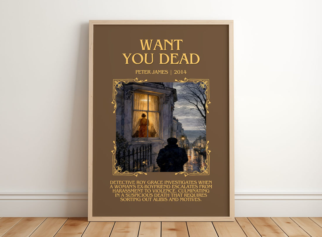 Want You Dead Minimalist Book Poster by Peter James – framed print leaning on a wooden floor