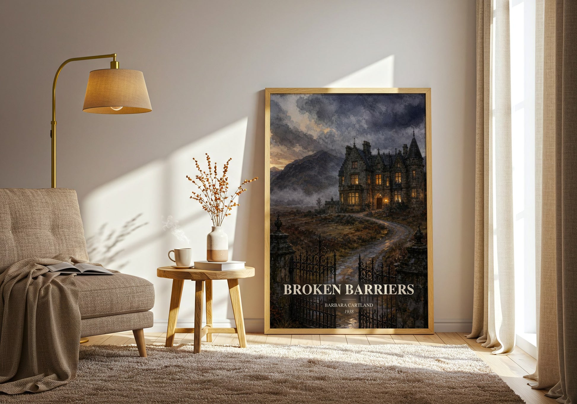 Broken Barriers watercolour print in frame leaning in hallway – romance wall art