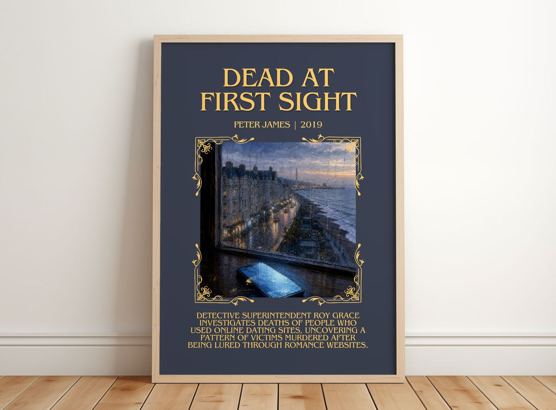 Dead at First Sight Minimalist Book Poster by Peter James – framed print leaning on a wooden floor