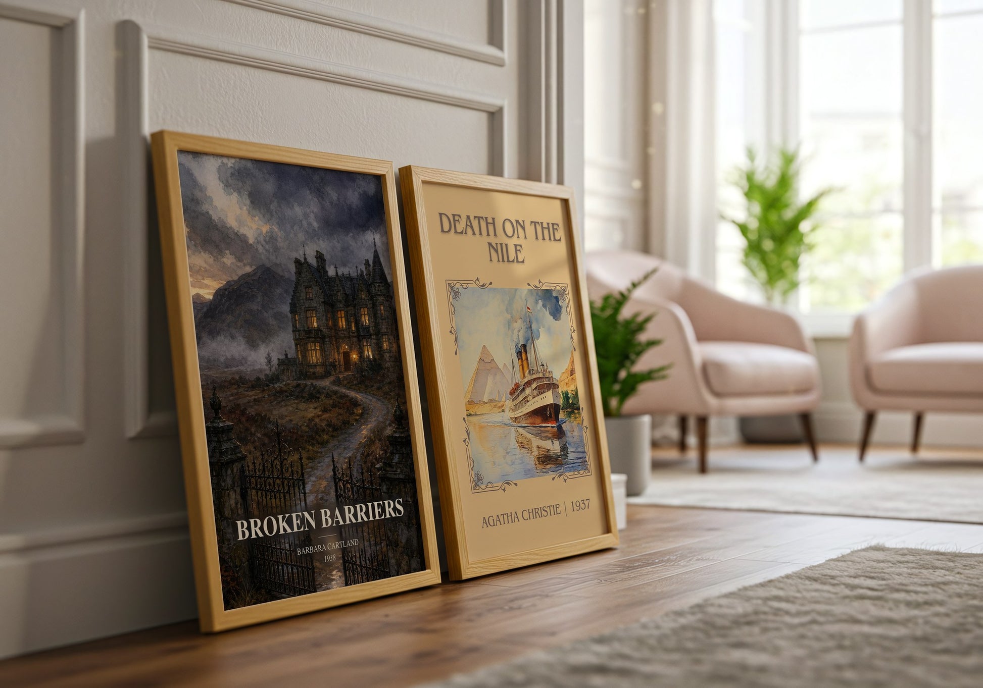 Broken Barriers watercolour print framed by window – literary home decor