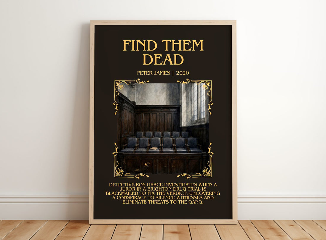 Find Them Dead Minimalist Book Poster by Peter James – framed print leaning on a wooden floor