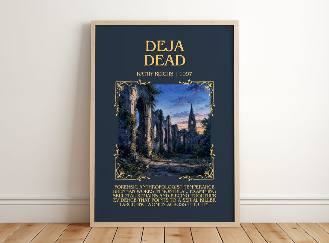 Déjà Dead Minimalist Book Poster by Kathy Reichs – framed print leaning on a wooden floor