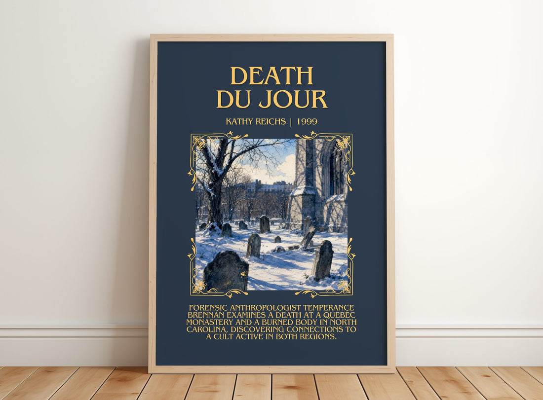 Death du Jour Minimalist Book Poster by Kathy Reichs – framed print leaning on a wooden floor