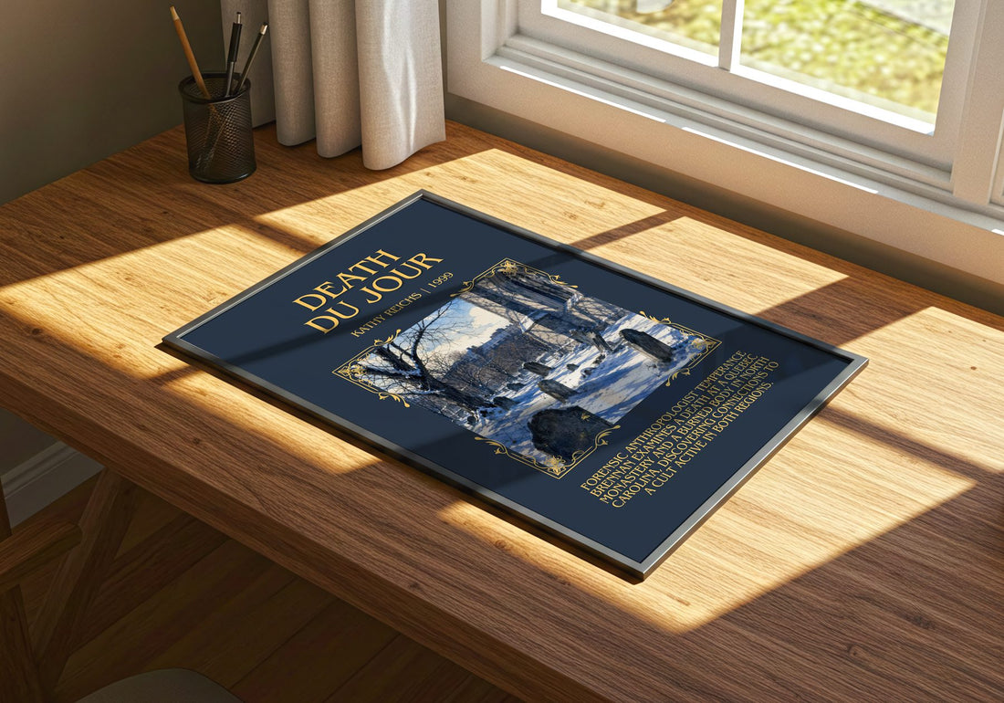 Death du Jour Minimalist Book Poster by Kathy Reichs – print on a sunlit desk