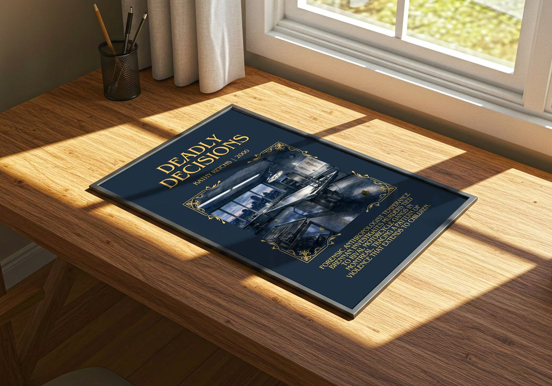 Deadly Décisions Minimalist Book Poster by Kathy Reichs – print on a sunlit desk