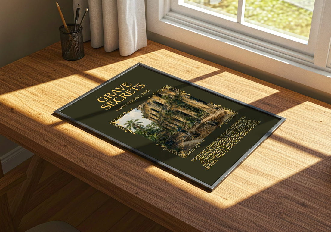 Grave Secrets Minimalist Book Poster by Kathy Reichs – print on a sunlit desk