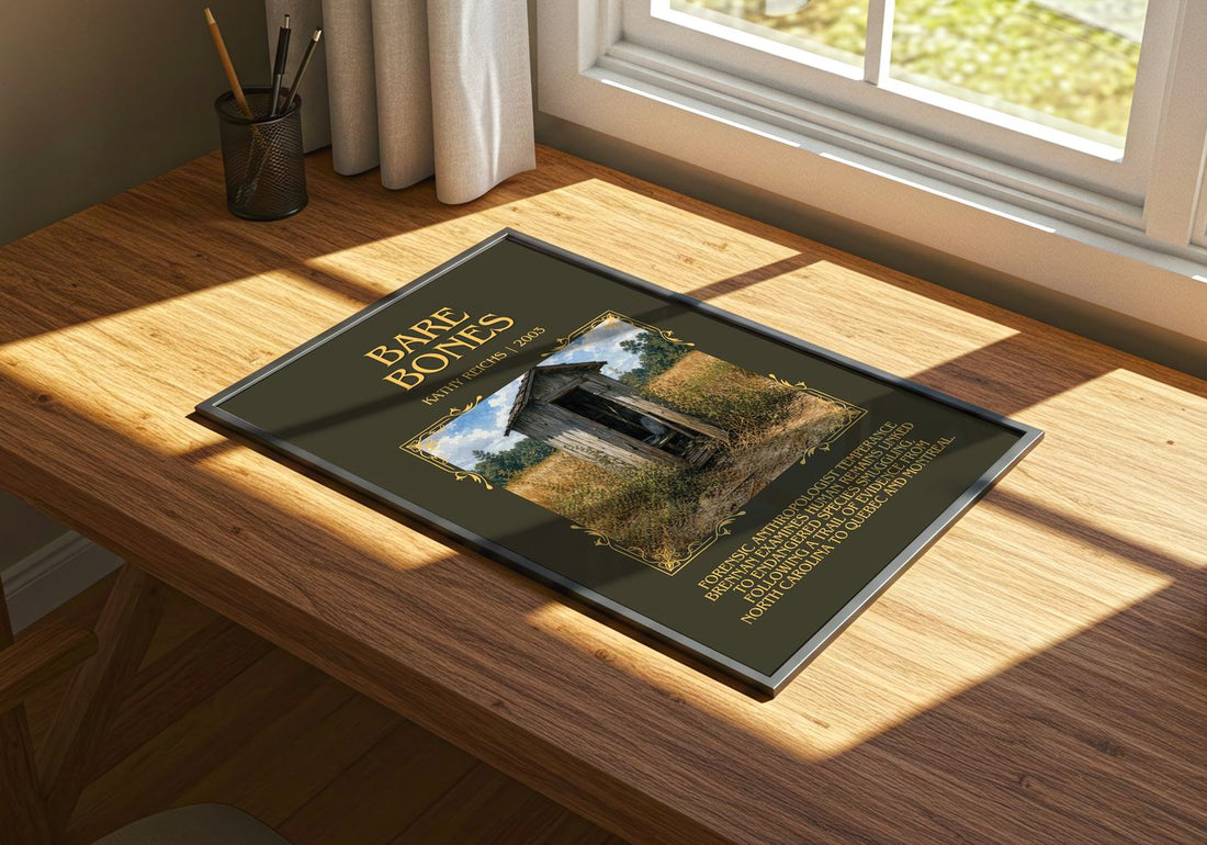 Bare Bones Minimalist Book Poster by Kathy Reichs – print on a sunlit desk
