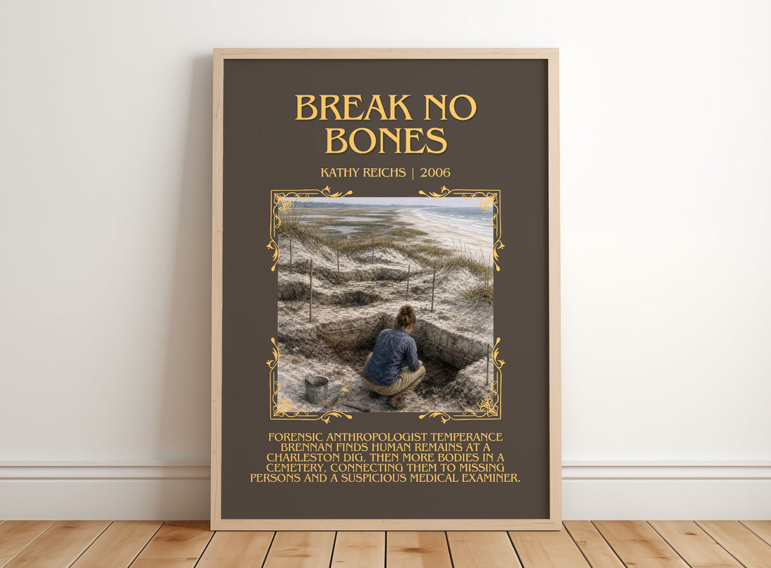 Break No Bones Minimalist Book Poster by Kathy Reichs – framed print leaning on a wooden floor