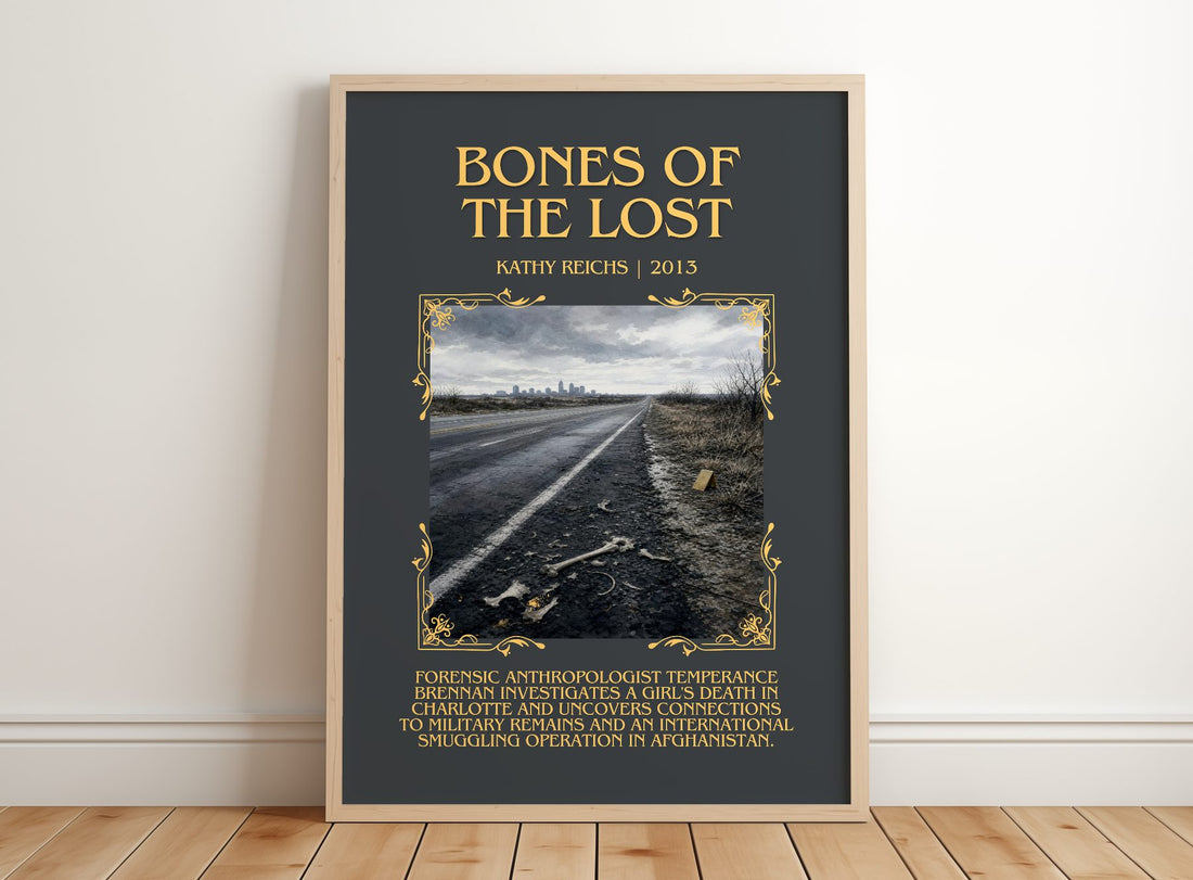 Bones of the Lost Minimalist Book Poster by Kathy Reichs – framed print leaning on a wooden floor