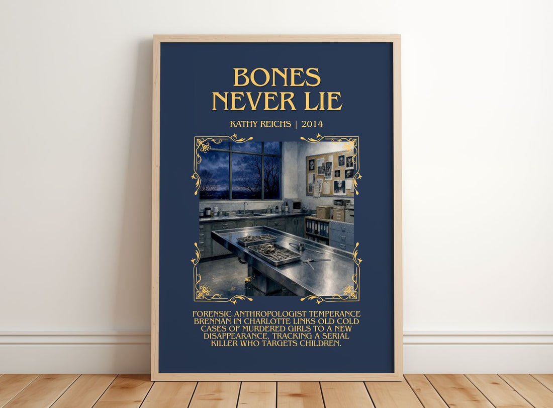 Bones Never Lie Minimalist Book Poster by Kathy Reichs – framed print leaning on a wooden floor