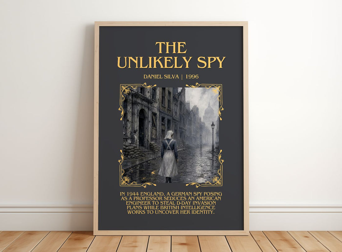 The Unlikely Spy Minimalist Book Poster by Daniel Silva – framed print leaning on a wooden floor