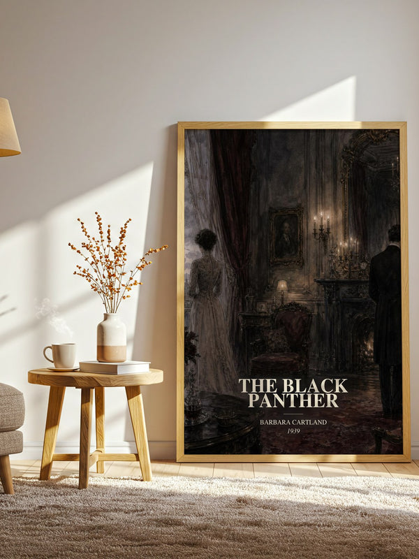 The Black Panther watercolour print in frame leaning in hallway – romance wall art