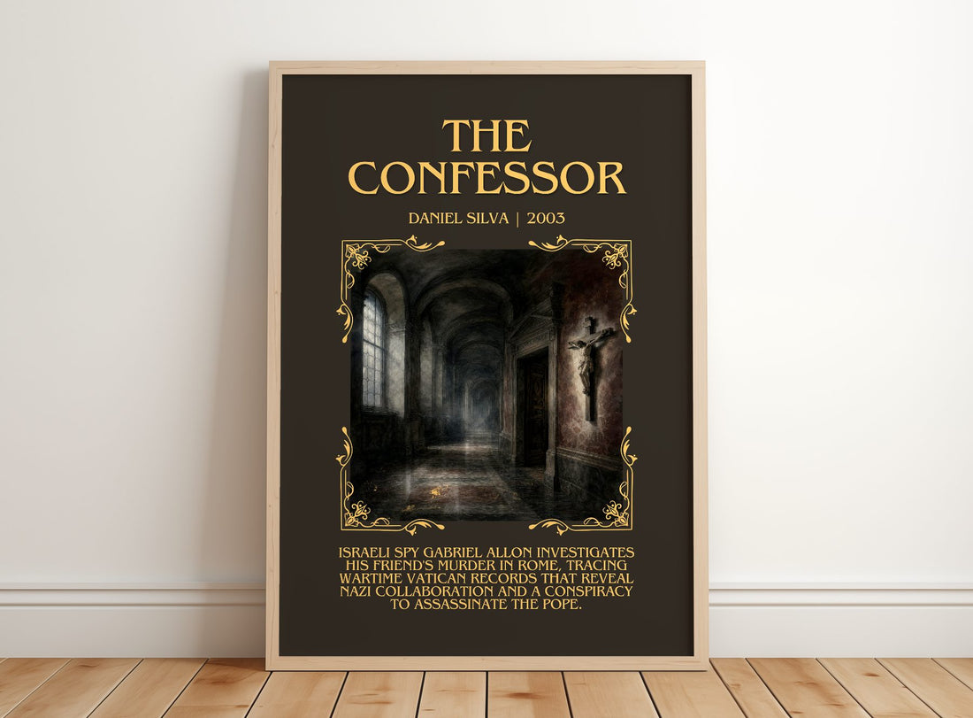 The Confessor Minimalist Book Poster by Daniel Silva – framed print leaning on a wooden floor