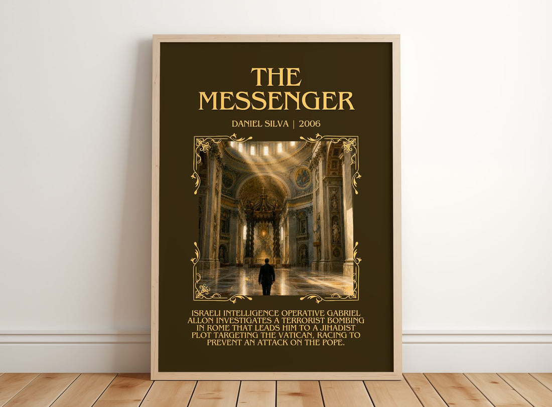 The Messenger Minimalist Book Poster by Daniel Silva – framed print leaning on a wooden floor