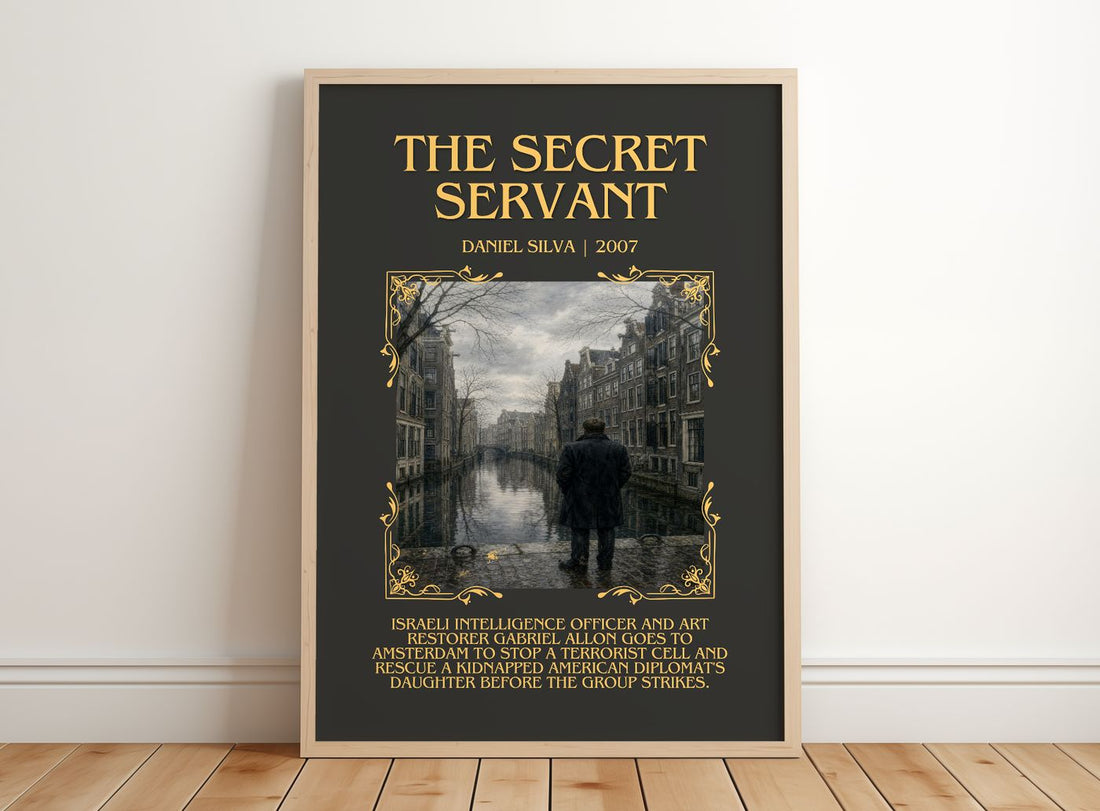 The Secret Servant Minimalist Book Poster by Daniel Silva – framed print leaning on a wooden floor