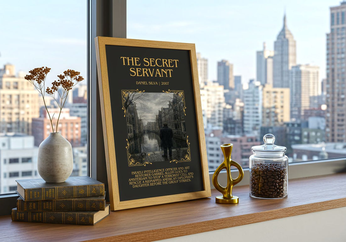 The Secret Servant Minimalist Book Poster by Daniel Silva – framed print on a city-view windowsill