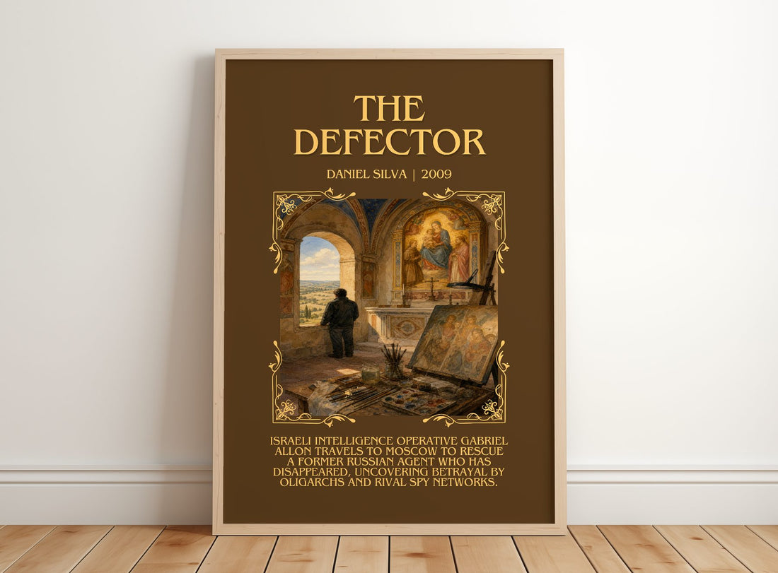 The Defector Minimalist Book Poster by Daniel Silva – framed print leaning on a wooden floor