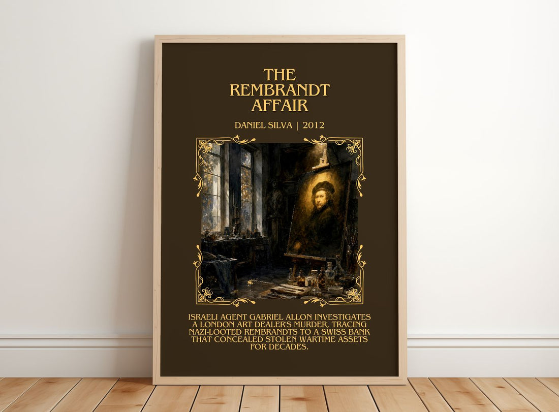 The Rembrandt Affair Minimalist Book Poster by Daniel Silva – framed print leaning on a wooden floor