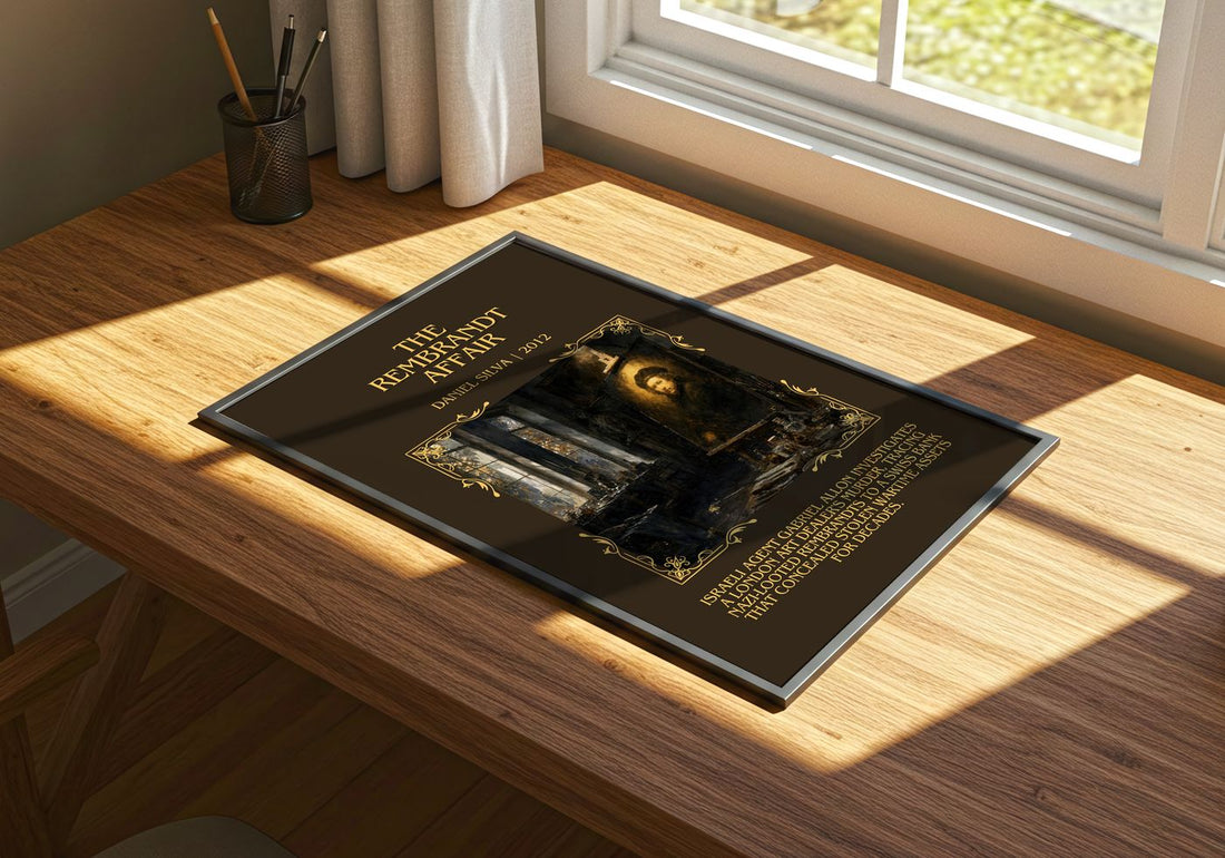 The Rembrandt Affair Minimalist Book Poster by Daniel Silva – print on a sunlit desk