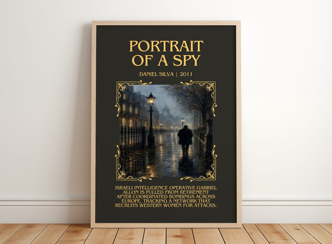 Portrait of a Spy Minimalist Book Poster by Daniel Silva – framed print leaning on a wooden floor