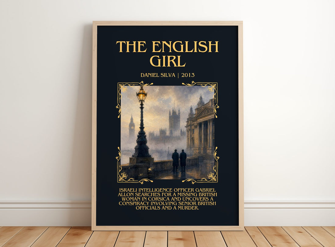 The English Girl Minimalist Book Poster by Daniel Silva – framed print leaning on a wooden floor
