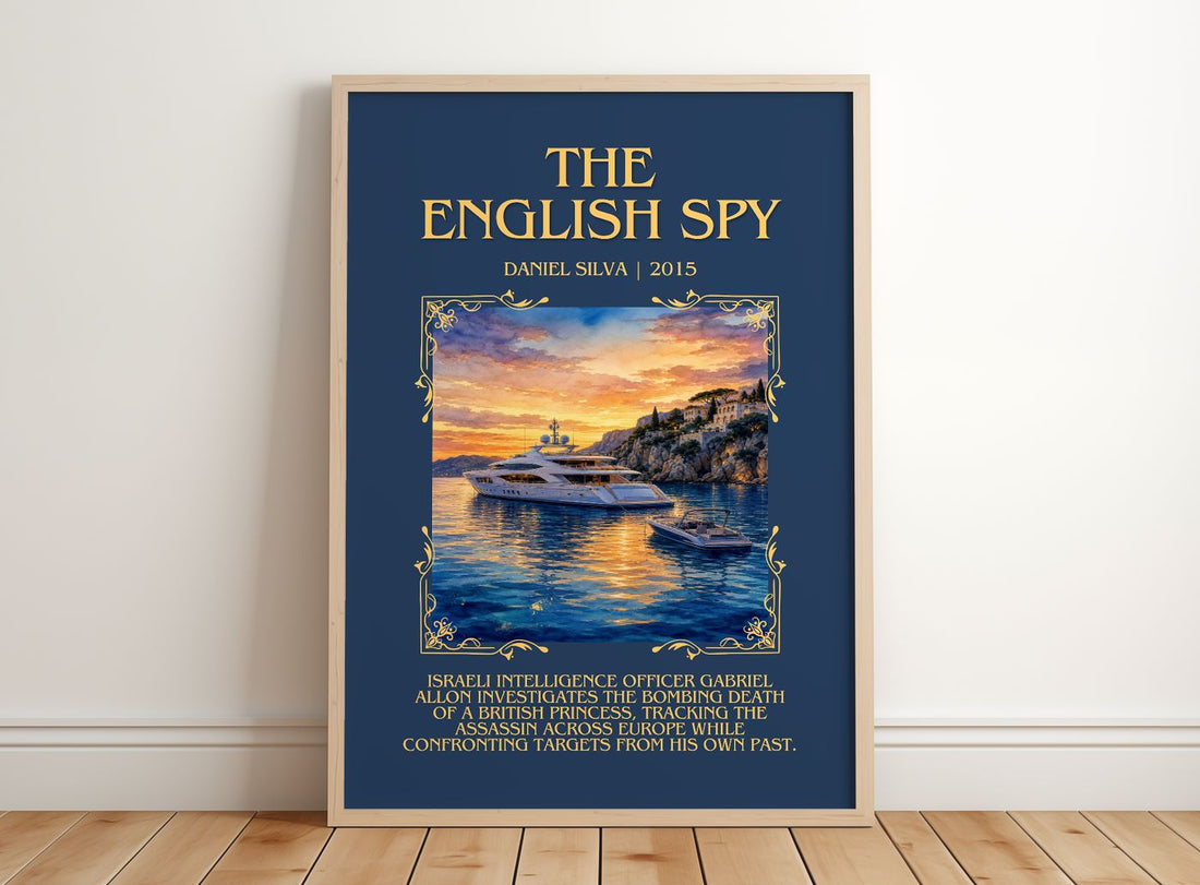 The English Spy Minimalist Book Poster by Daniel Silva – framed print leaning on a wooden floor