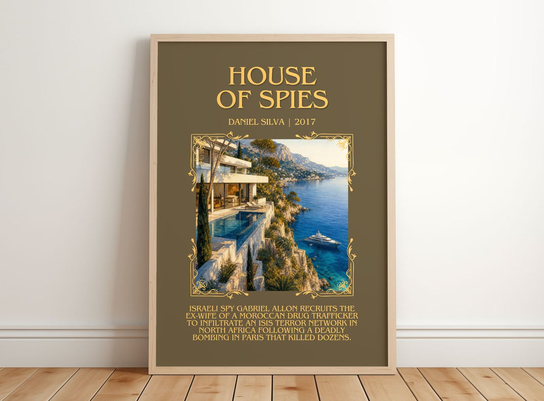 House of Spies Minimalist Book Poster by Daniel Silva – framed print leaning on a wooden floor