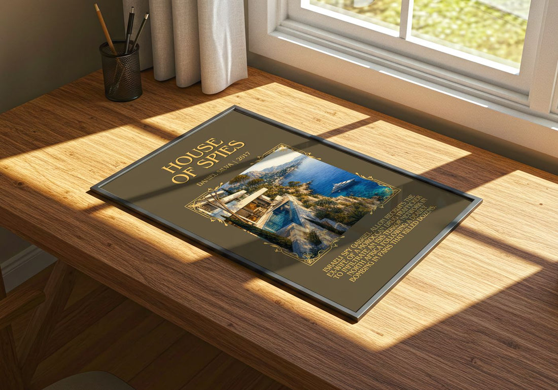 House of Spies Minimalist Book Poster by Daniel Silva – print on a sunlit desk