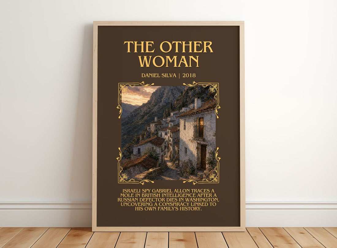 The Other Woman Minimalist Book Poster by Daniel Silva – framed print leaning on a wooden floor