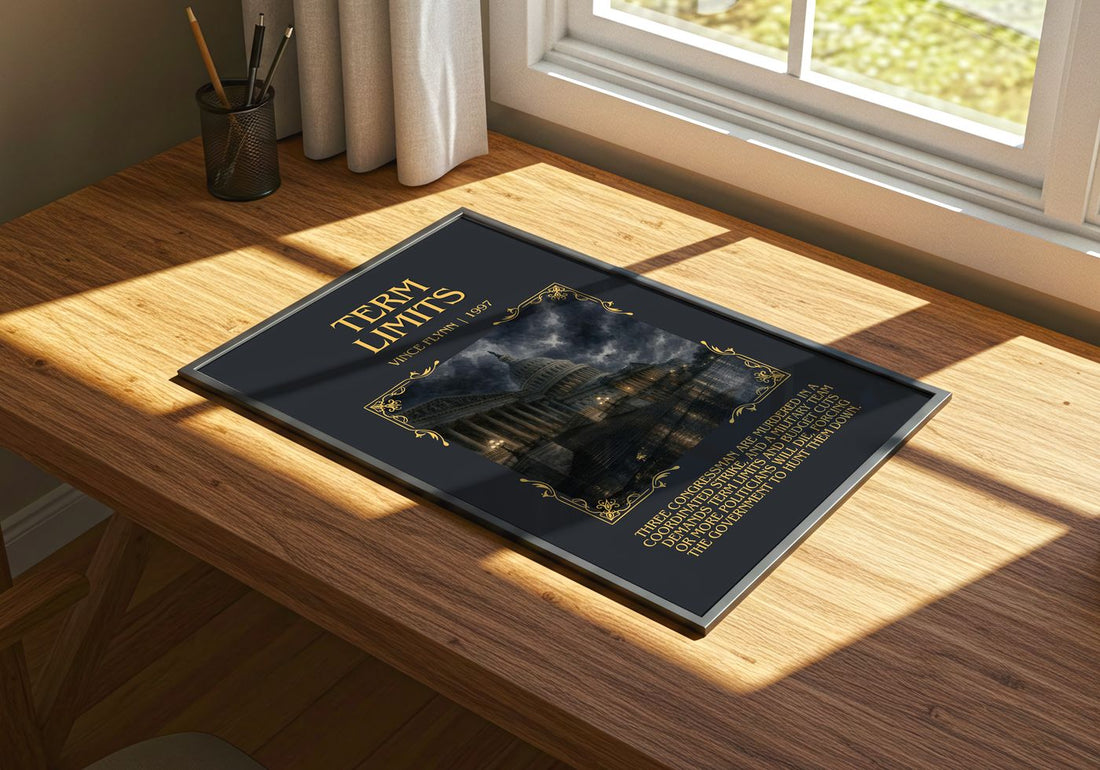 Term Limits Minimalist Book Poster by Vince Flynn – print on a sunlit desk