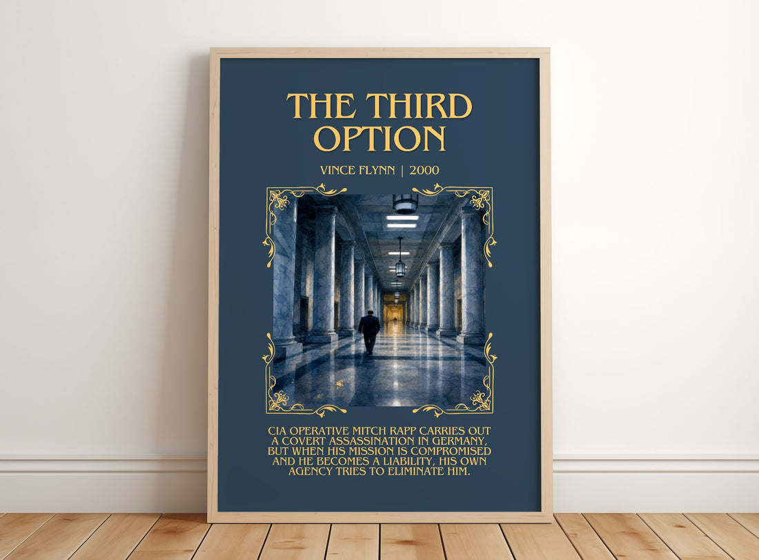 The Third Option Minimalist Book Poster by Vince Flynn – framed print leaning on a wooden floor