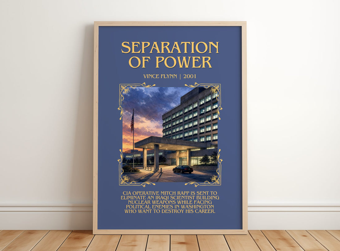 Separation of Power Minimalist Book Poster by Vince Flynn – framed print leaning on a wooden floor