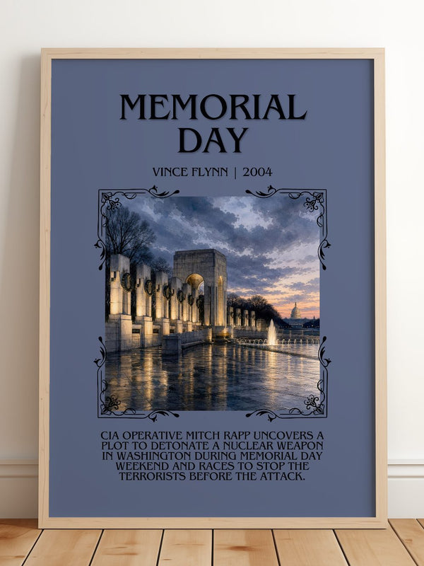 Memorial Day Minimalist Book Poster by Vince Flynn – framed print leaning on a wooden floor