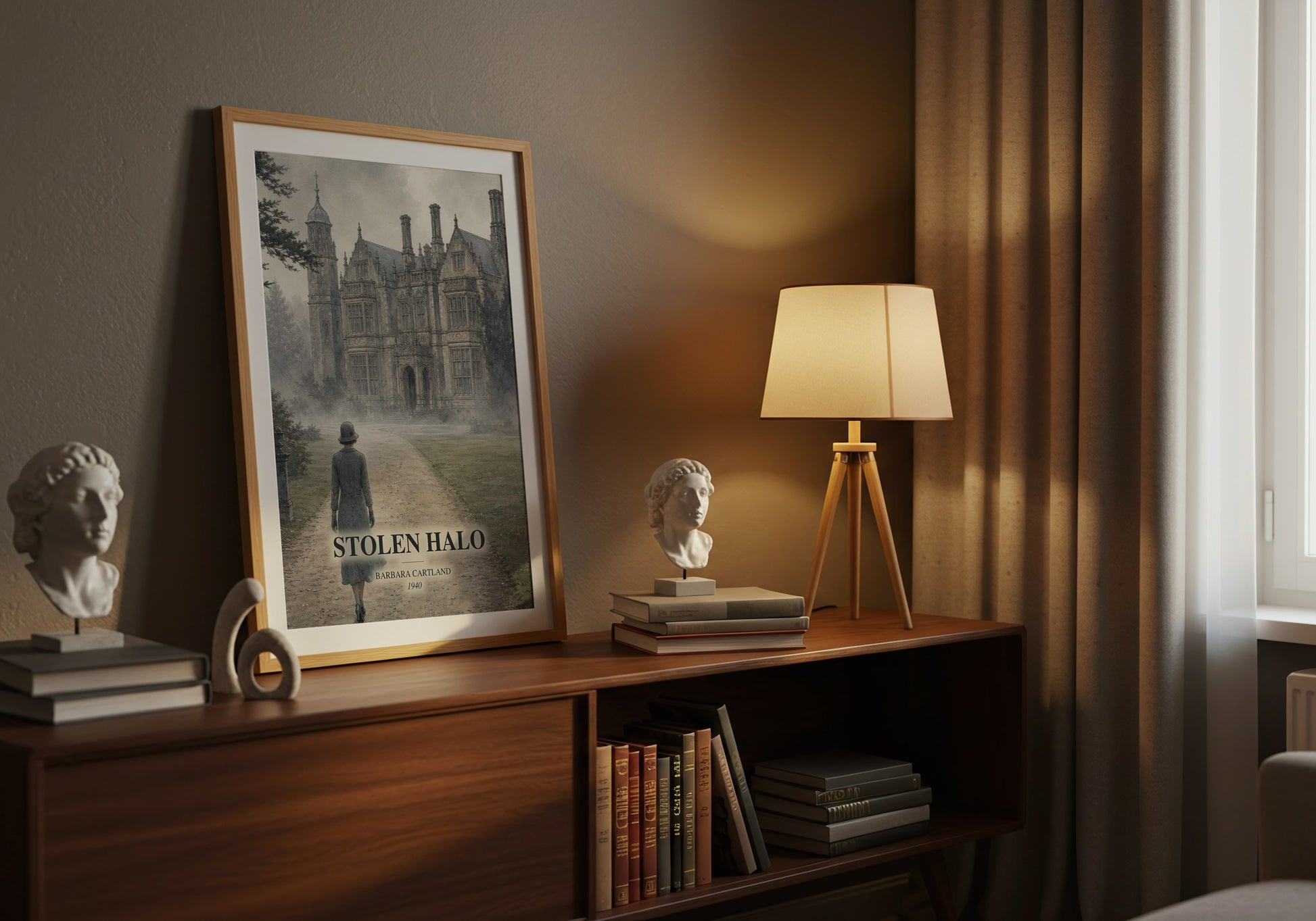 Stolen Halo watercolour print on bookshelf – Barbara Cartland fan gift
