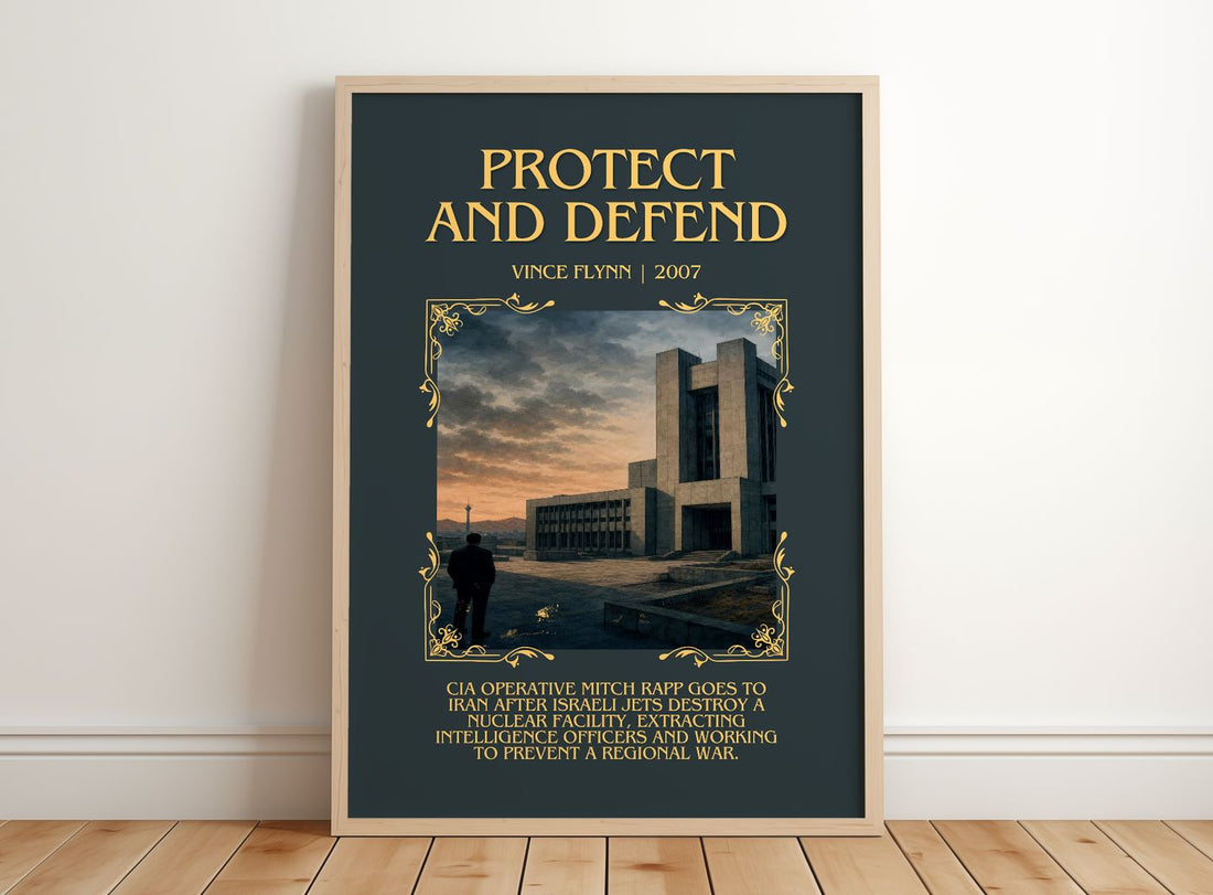 Protect and Defend Minimalist Book Poster by Vince Flynn – framed print leaning on a wooden floor