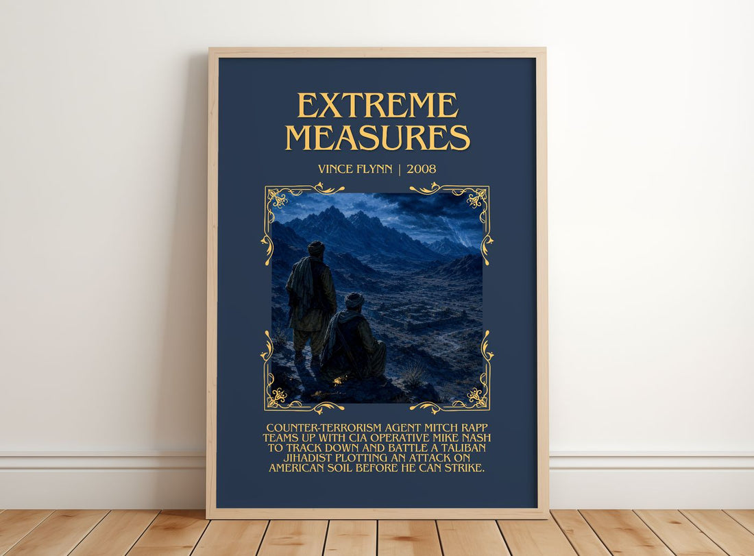 Extreme Measures Minimalist Book Poster by Vince Flynn – framed print leaning on a wooden floor