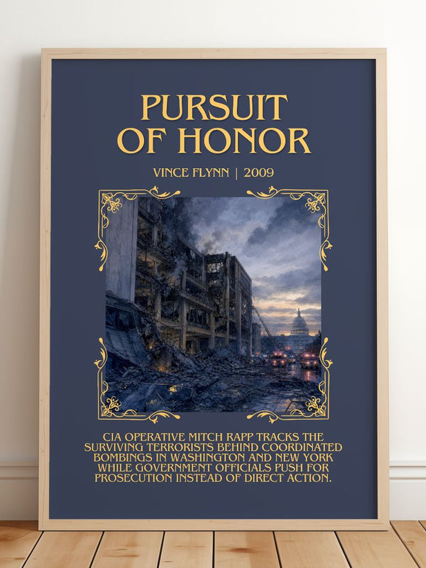 Pursuit of Honor Minimalist Book Poster by Vince Flynn – framed print leaning on a wooden floor