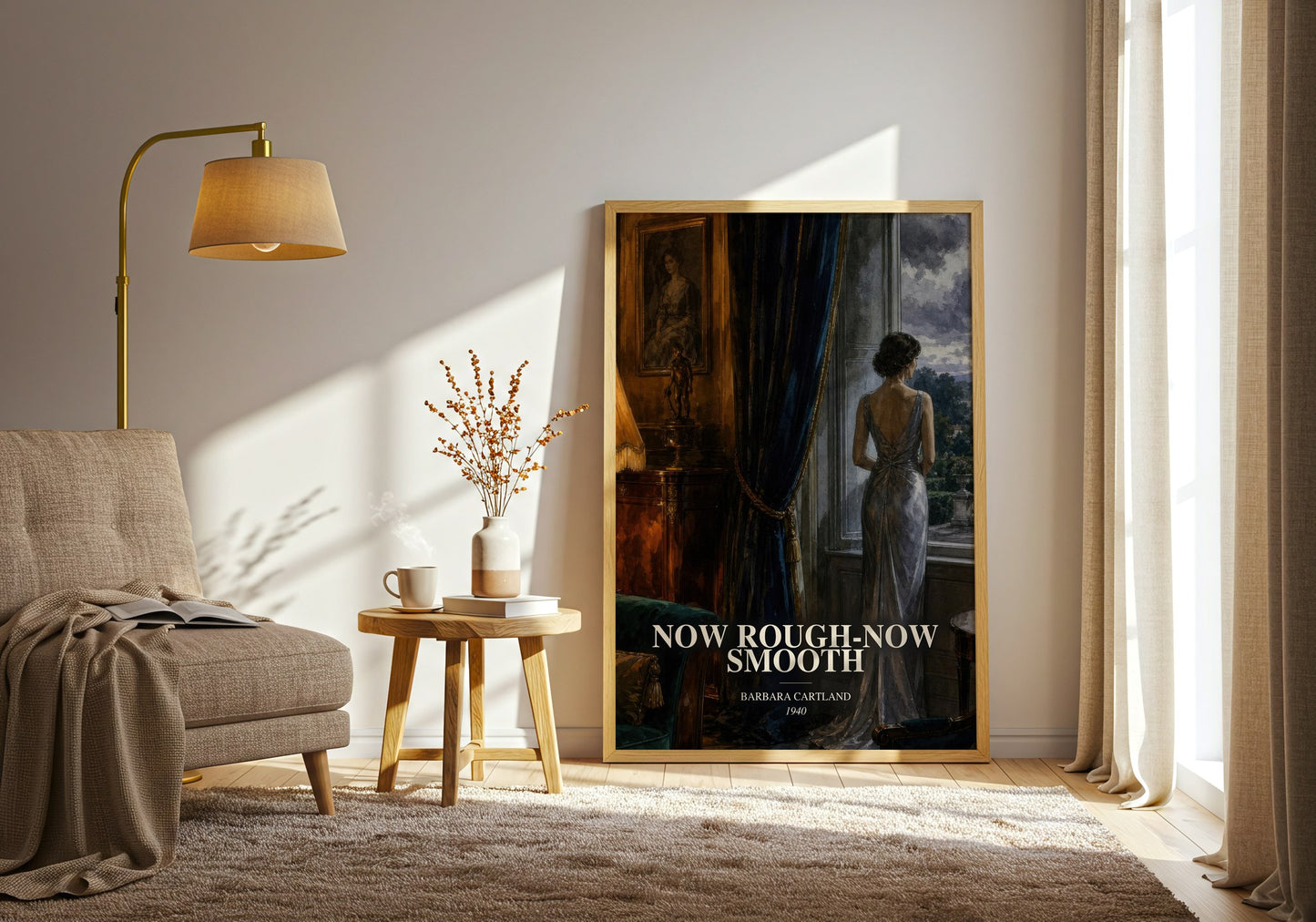 Now Rough-Now Smooth watercolour print in frame leaning in hallway – romance wall art