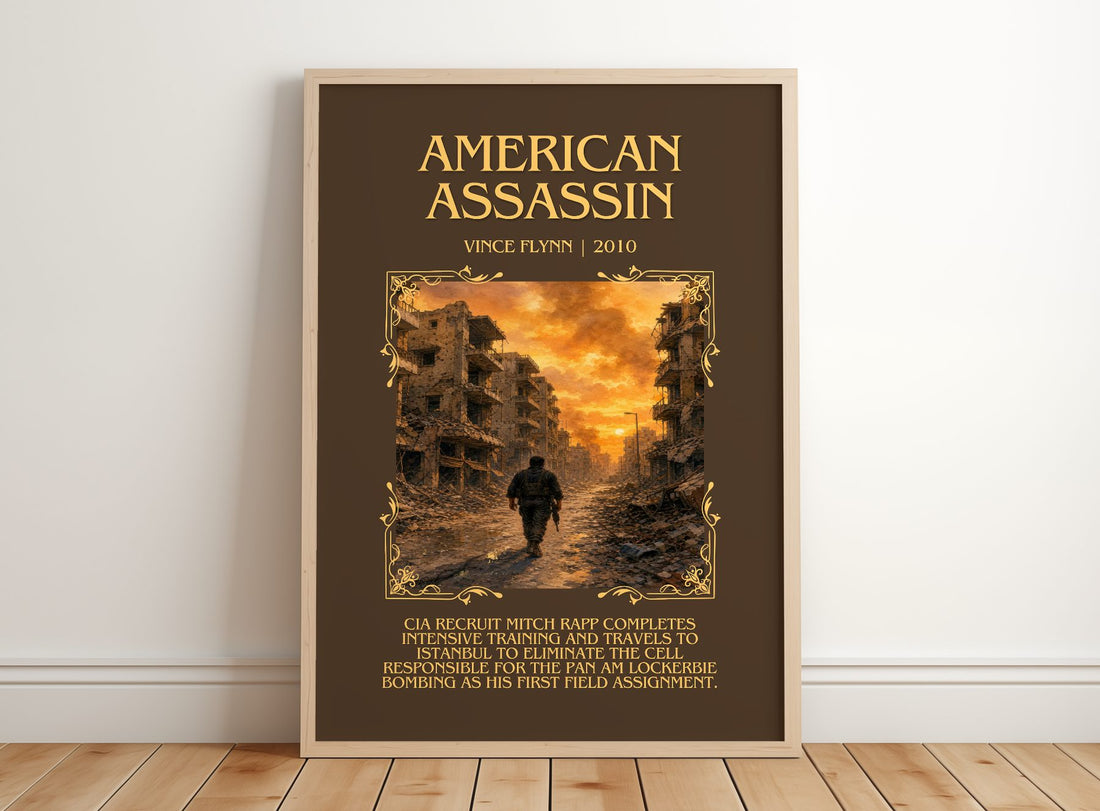 American Assassin Minimalist Book Poster by Vince Flynn – framed print leaning on a wooden floor