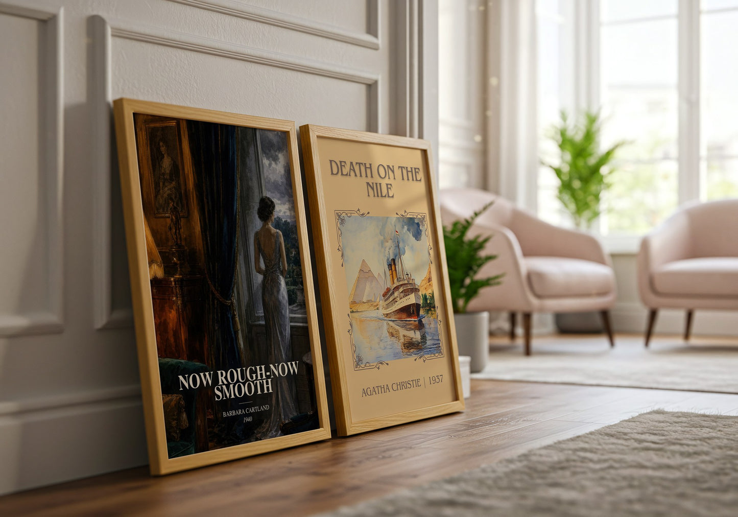 Now Rough-Now Smooth watercolour print framed by window – literary home decor
