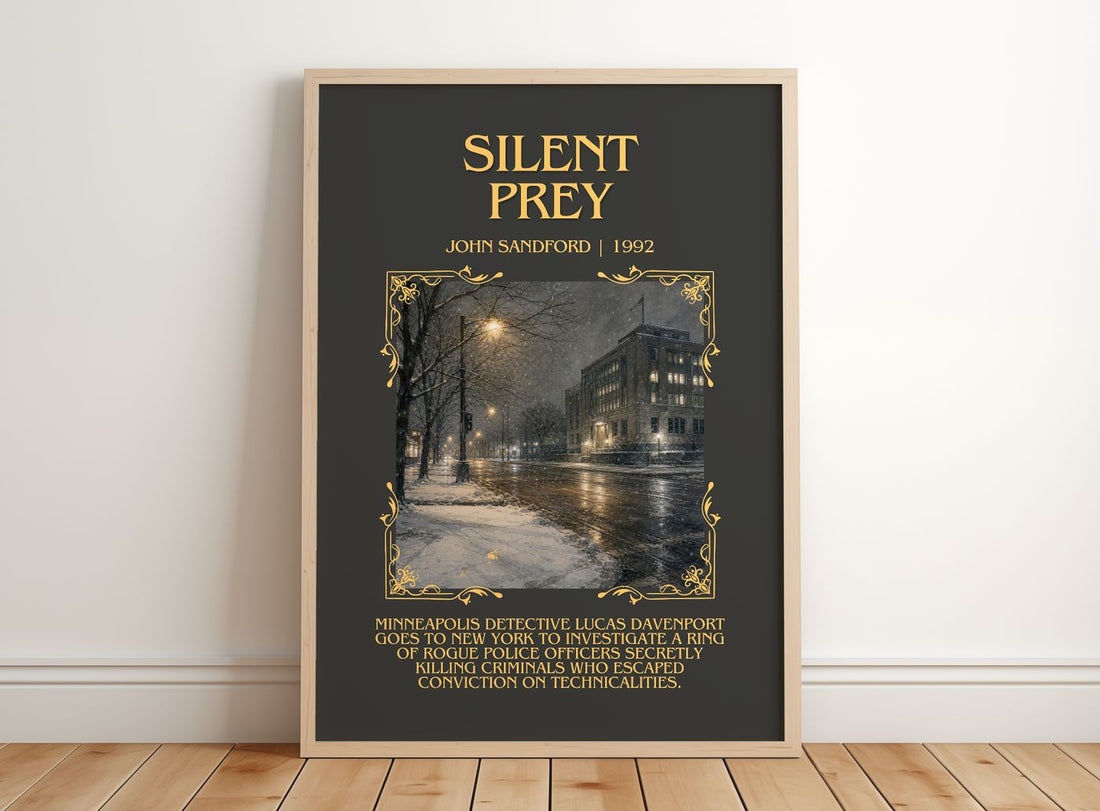 Silent Prey Minimalist Book Poster by John Sandford – framed print leaning on a wooden floor
