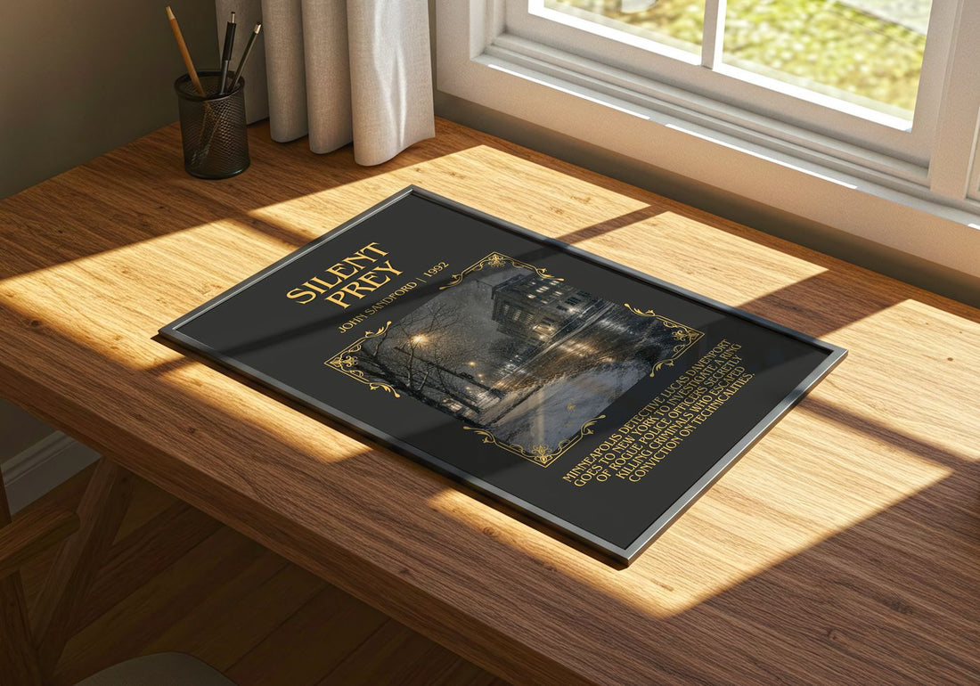 Silent Prey Minimalist Book Poster by John Sandford – print on a sunlit desk