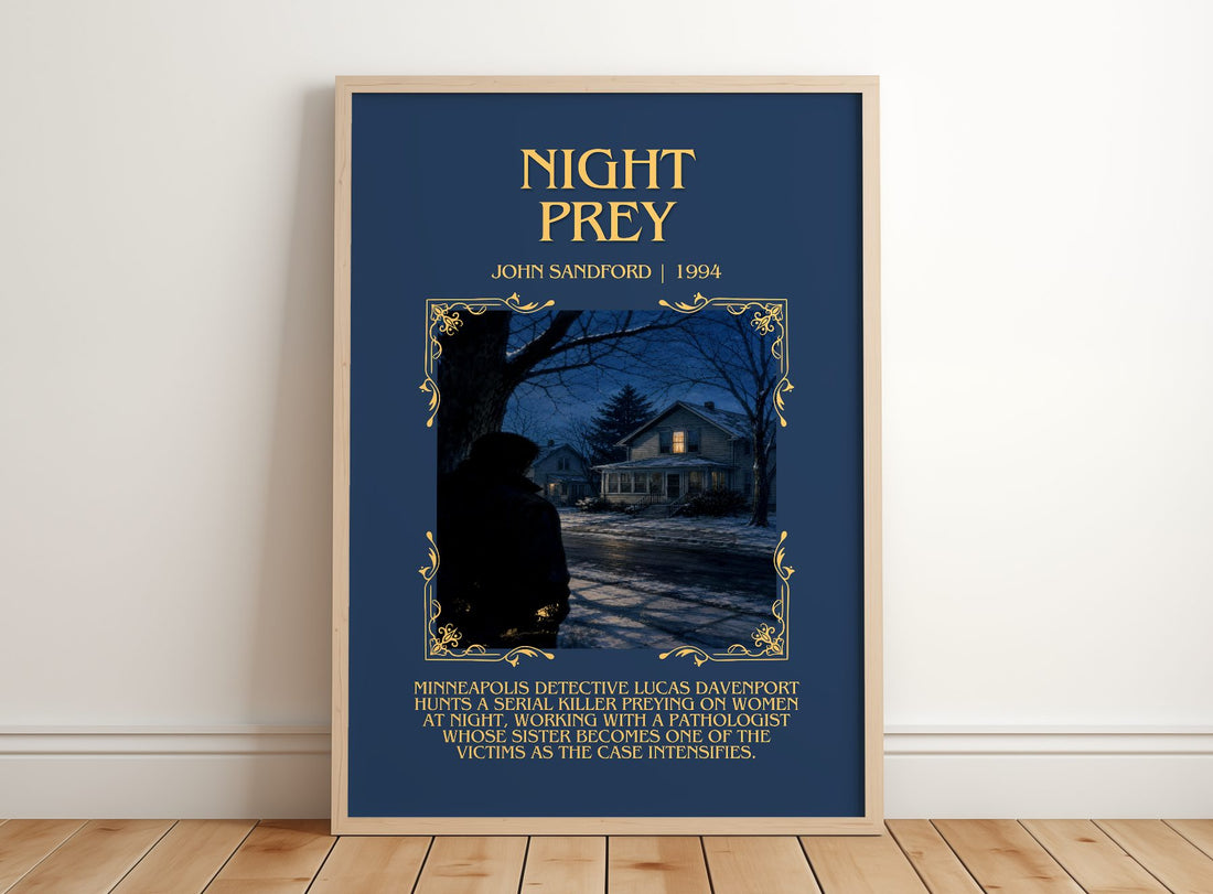 Night Prey Minimalist Book Poster by John Sandford – framed print leaning on a wooden floor