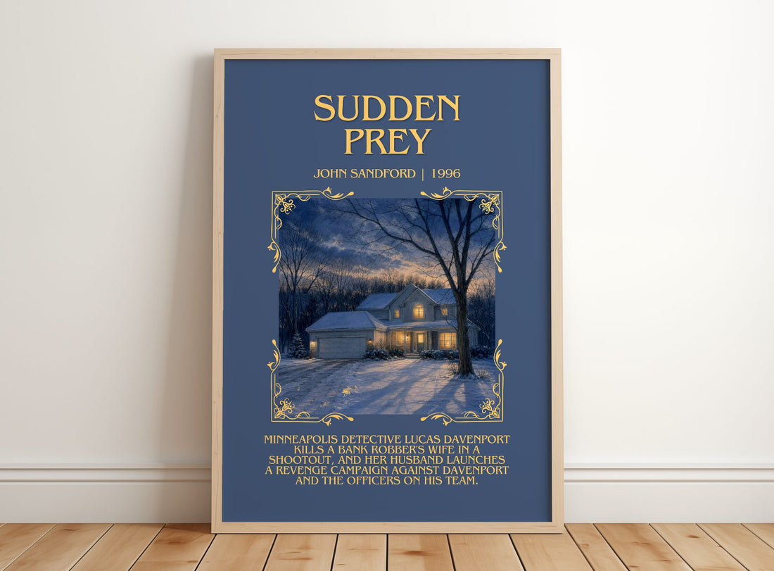Sudden Prey Minimalist Book Poster by John Sandford – framed print leaning on a wooden floor