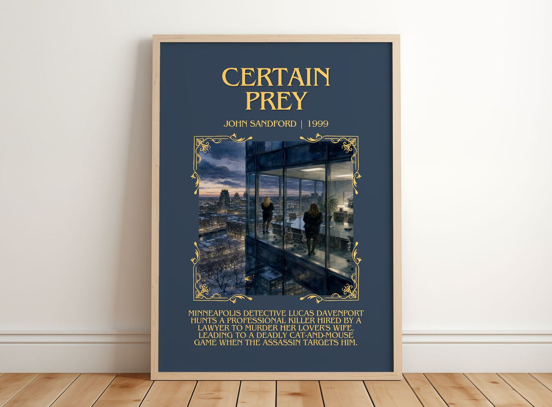 Certain Prey Minimalist Book Poster by John Sandford – framed print leaning on a wooden floor